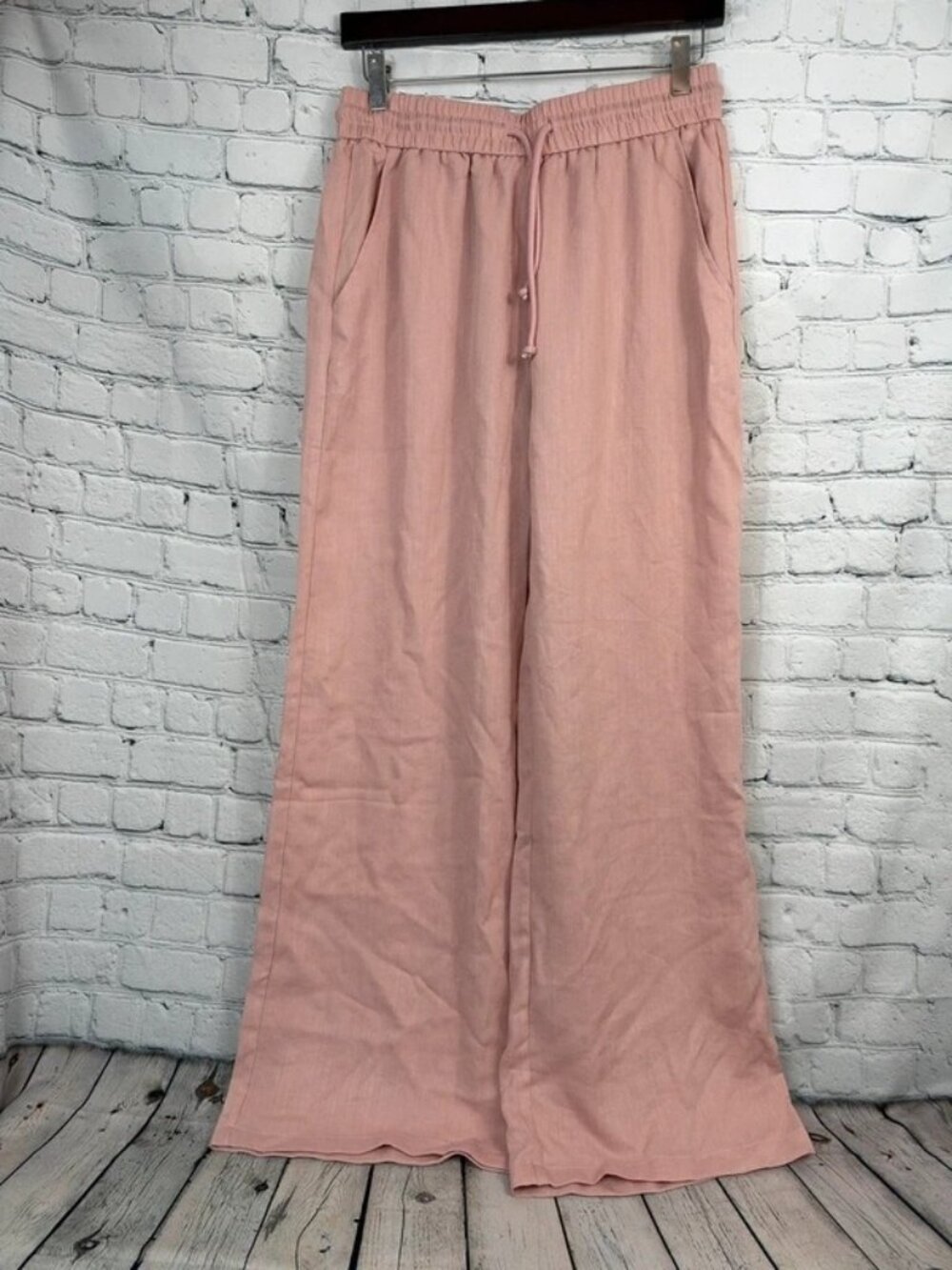 High Waisted Drawstring Pocket Wide Leg Baggy Casual Linen-Feel Pants